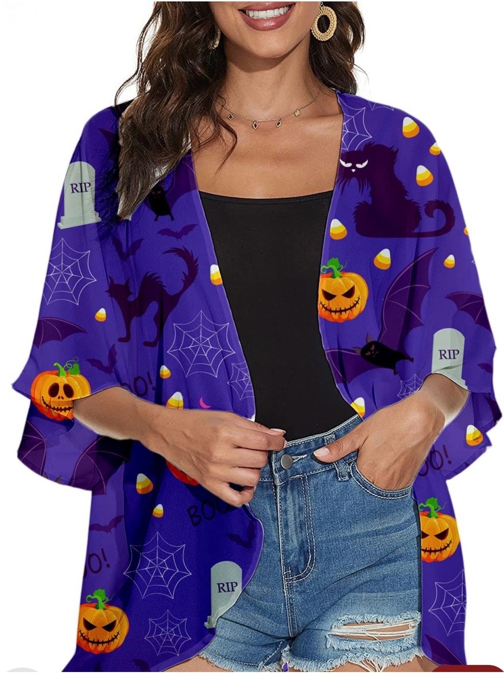Halloween Open-Front Purple Kimono with Pumpkin & Bat Print